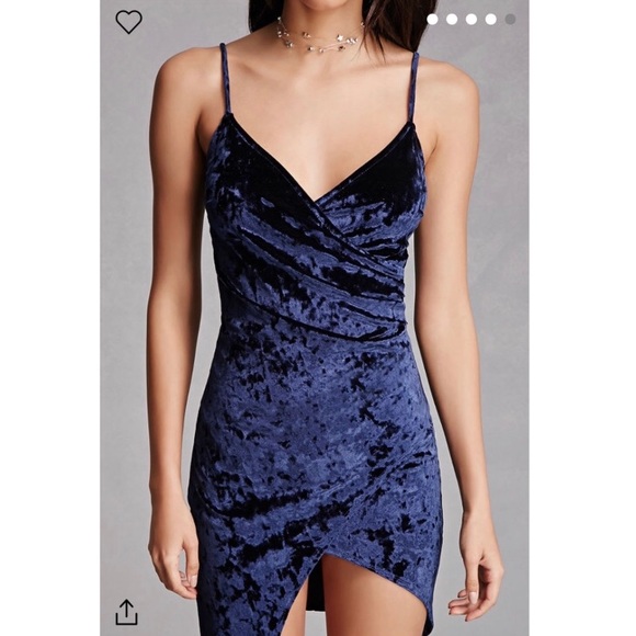 Velvet Navy Blue Asymmetrical Bodycon Dress - Picture 2 of 5